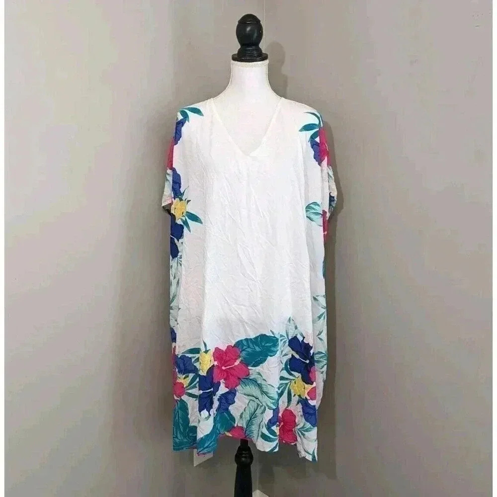Swim by Cacique White Floral Tropical Cover Up Dress NWT Size 18 20 V Neck $60